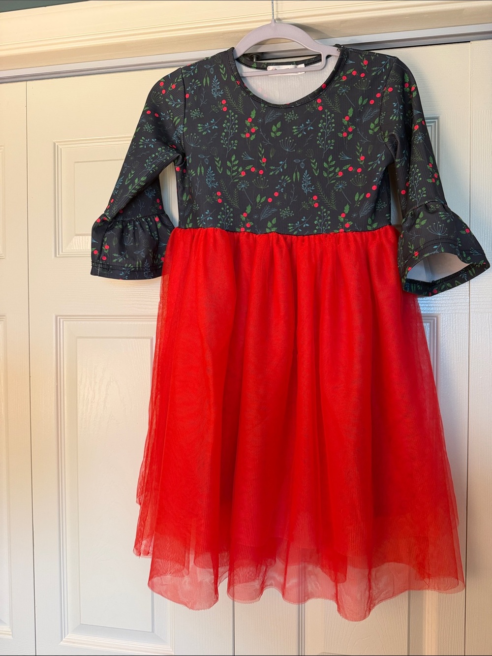 Girls Black Berry Print Top with Red Tulle Skirt Dress